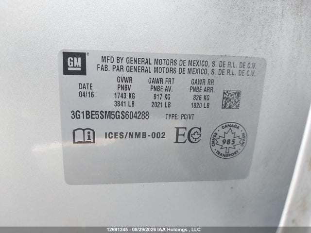3G1BE5SM5GS604288 Chevrolet Cruze Lt Auto