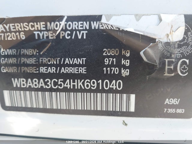 2017 Bmw 320 Xi მანქანა იყიდება აუქციონზე, vin: WBA8A3C54HK691040, აუქციონის ნომერი: 12691246