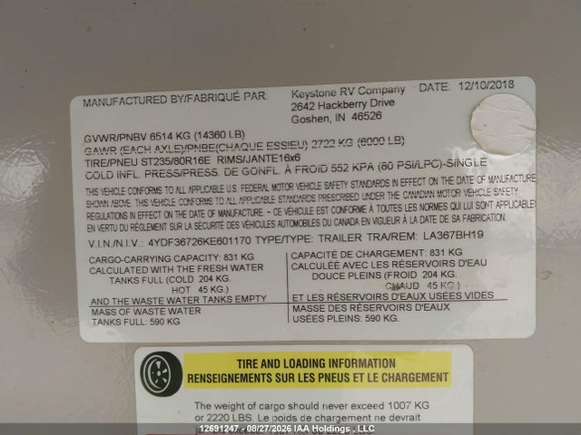 Keystone Laredo 311rl 2019 4YDF36726KE601170 Image 9