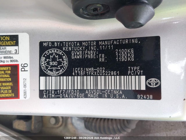 12691248 :رقم المزاد ، 4T1BF1FKXCU522861 vin ، 2012 Toyota Camry Le مزاد بيع