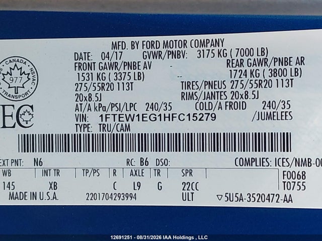 1FTEW1EG1HFC15279 Ford F-150 Xlt