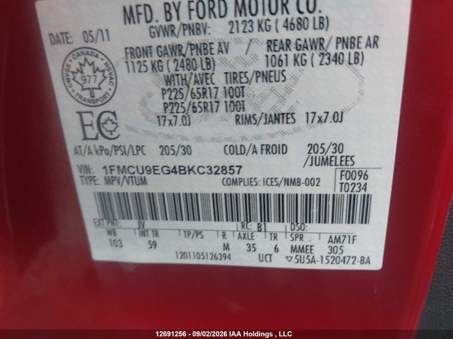12691256 :رقم المزاد ، 1FMCU9EG4BKC32857 vin ، 2011 Ford Escape مزاد بيع