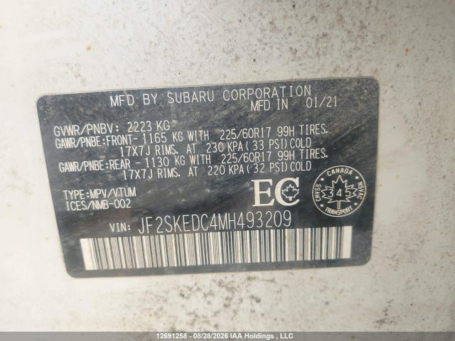 Aukcja sprzedaży 2021 Subaru Forester, vin: JF2SKEDC4MH493209, numer aukcji: 12691258