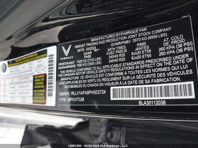 2023 Vinfast Vf 8 Plus მანქანა იყიდება აუქციონზე, vin: RLLV1AFA8PH003724, აუქციონის ნომერი: 12691260