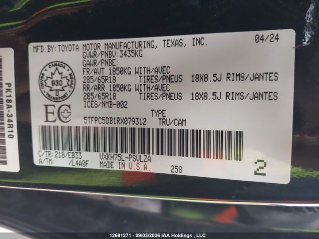 Продаж на аукціоні авто 2024 Toyota Tundra Hybrid Limited 4x4, vin: 5TFPC5DB1RX079312, номер лоту: 12691271