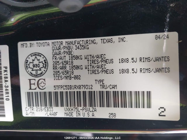 Продаж на аукціоні авто 2024 Toyota Tundra Hybrid Limited 4x4, vin: 5TFPC5DB1RX079312, номер лоту: 12691271