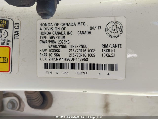 12691276 :رقم المزاد ، 2HKRM4H36DH117950 vin ، 2013 Honda Cr-v Lx مزاد بيع