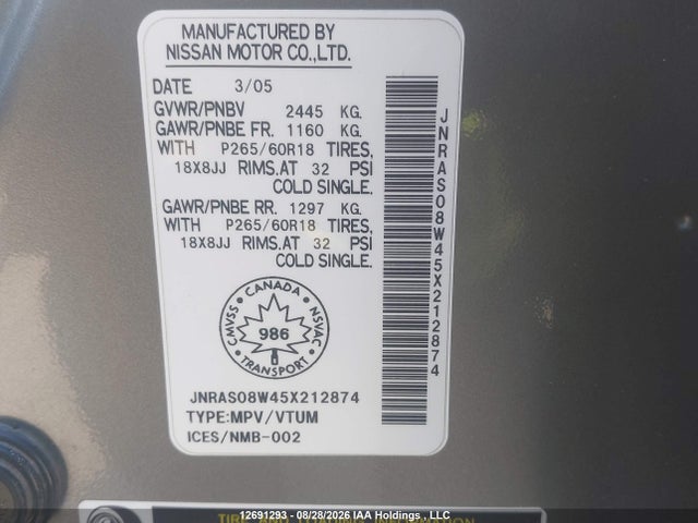 12691293 :رقم المزاد ، JNRAS08W45X212874 vin ، 2005 Infiniti Fx35 مزاد بيع