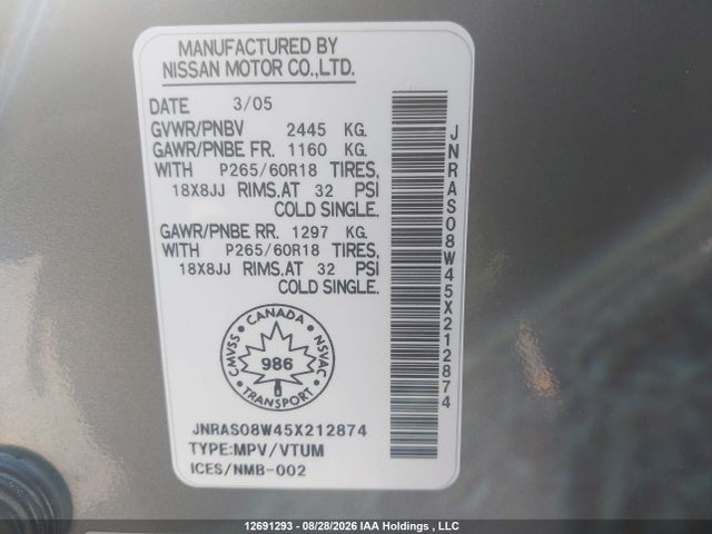12691293 :رقم المزاد ، JNRAS08W45X212874 vin ، 2005 Infiniti Fx35 مزاد بيع