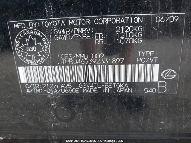 Aukcja sprzedaży 2009 Lexus Es 350 350, vin: JTHBJ46G392331897, numer aukcji: 12691299