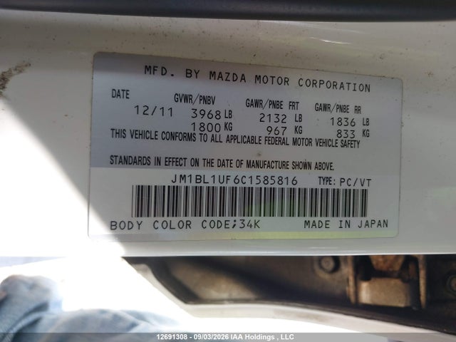 12691308 :رقم المزاد ، JM1BL1UF6C1585816 vin ، 2012 Mazda Mazda3 Gx مزاد بيع