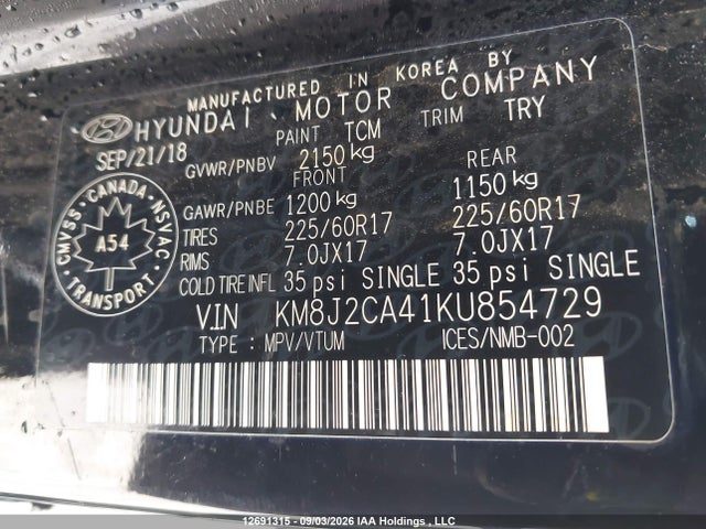2019 Hyundai Tucson Essential W/safety Package მანქანა იყიდება აუქციონზე, vin: KM8J2CA41KU854729, აუქციონის ნომერი: 12691315