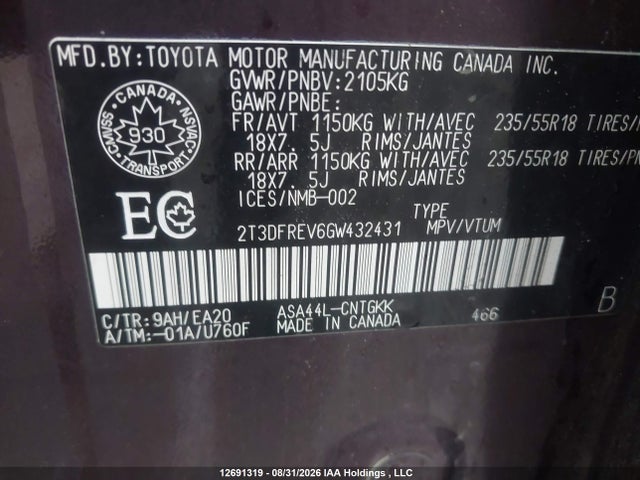 Продаж на аукціоні авто 2016 Toyota Rav4 Limited, vin: 2T3DFREV6GW432431, номер лоту: 12691319