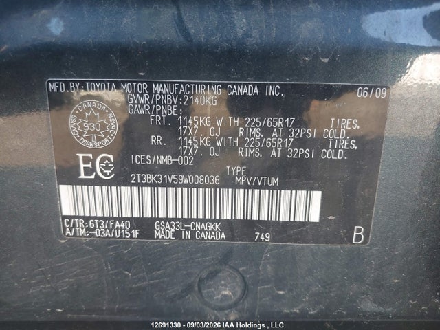 12691330 :رقم المزاد ، 2T3BK31V59W008036 vin ، 2009 Toyota Rav4 Limited مزاد بيع
