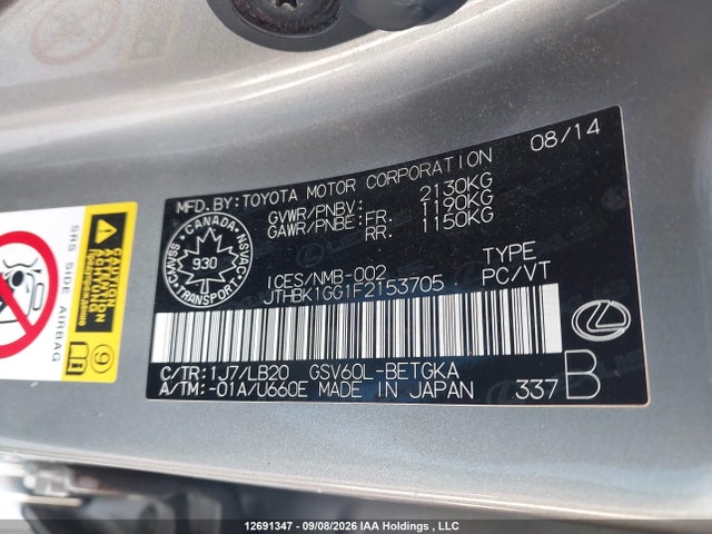 Aukcja sprzedaży 2015 Lexus Es 350 350, vin: JTHBK1GG1F2153705, numer aukcji: 12691347