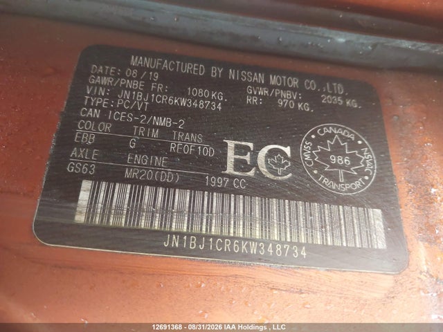 12691368 :رقم المزاد ، JN1BJ1CR6KW348734 vin ، 2019 Nissan Qashqai S/sl/sv مزاد بيع