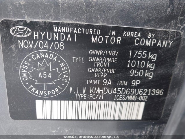Aukcja sprzedaży 2009 Hyundai Elantra Gl/l, vin: KMHDU45D69U621396, numer aukcji: 12691372