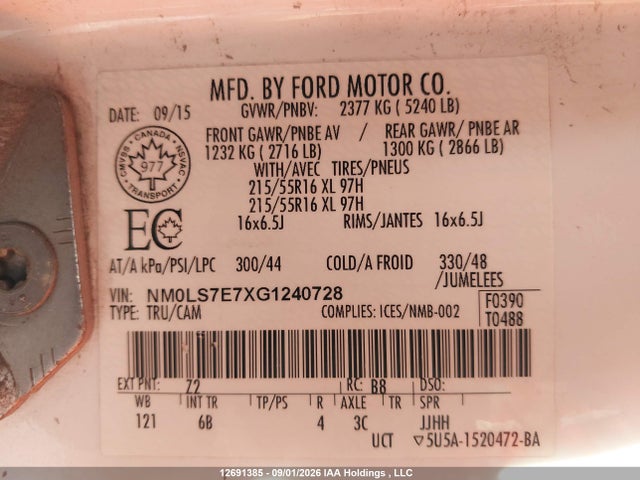 12691385 :رقم المزاد ، NM0LS7E7XG1240728 vin ، 2016 Ford Transit Connect Xl مزاد بيع