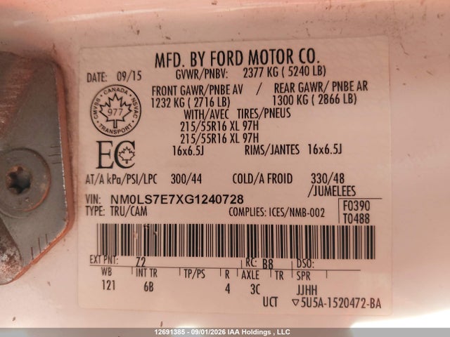12691385 :رقم المزاد ، NM0LS7E7XG1240728 vin ، 2016 Ford Transit Connect Xl مزاد بيع