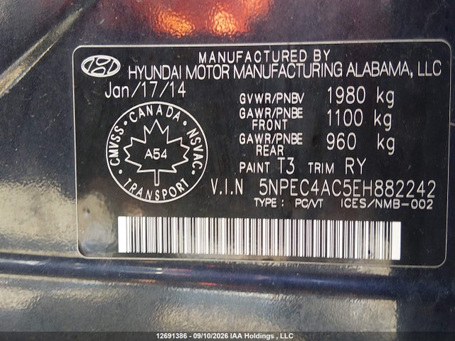 12691386 :رقم المزاد ، 5NPEC4AC5EH882242 vin ، 2014 Hyundai Sonata Se/limited مزاد بيع
