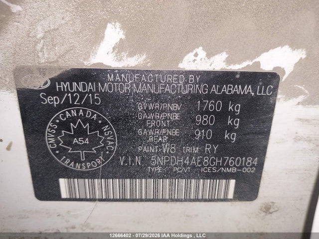 5NPDH4AE8GH760184 Hyundai ELANTRA GL