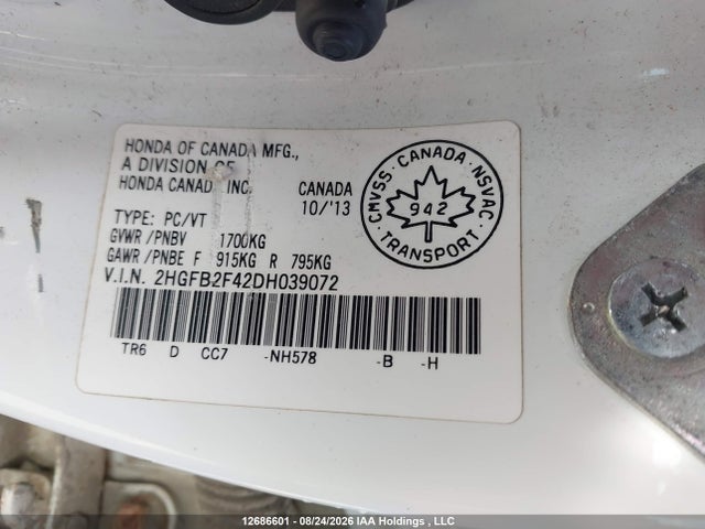 Продаж на аукціоні авто 2013 Honda Civic Lx, vin: 2HGFB2F42DH039072, номер лоту: 12686601
