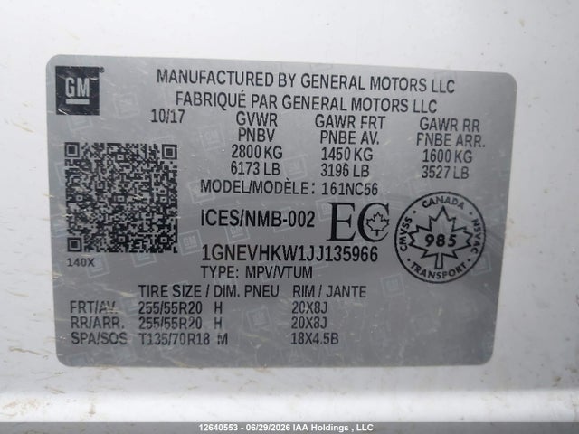 1GNEVHKW1JJ135966 Chevrolet Traverse Lt True North