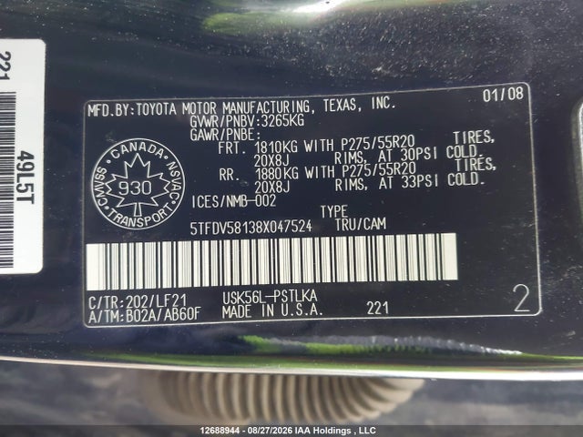 2008 Toyota Tundra Limited 5.7l V8 მანქანა იყიდება აუქციონზე, vin: 5TFDV58138X047524, აუქციონის ნომერი: 12688944