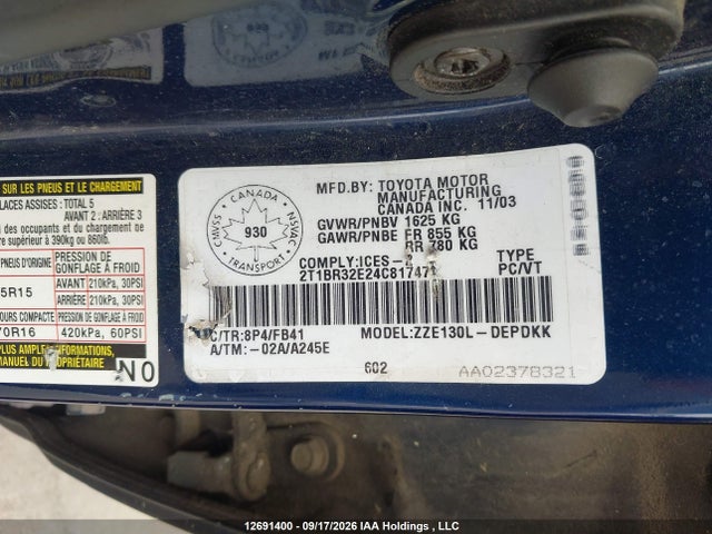 Aukcja sprzedaży 2004 Toyota Corolla, vin: 2T1BR32E24C817474, numer aukcji: 12691400