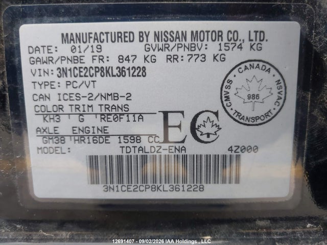12691407 :رقم المزاد ، 3N1CE2CP8KL361228 vin ، 2019 Nissan Versa Note S/sv مزاد بيع