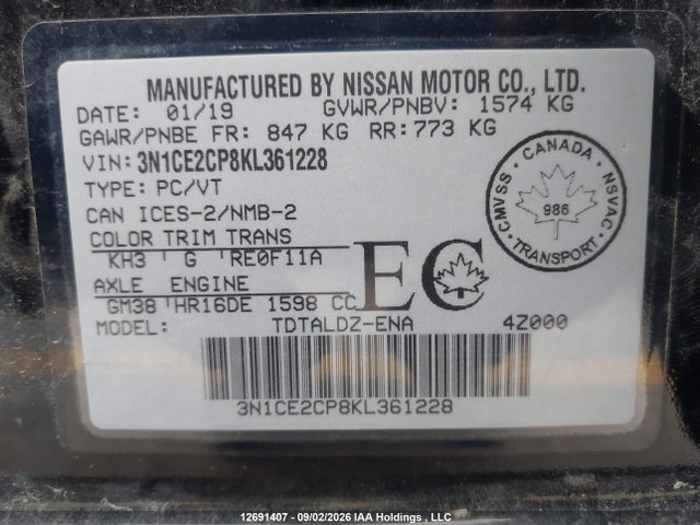 12691407 :رقم المزاد ، 3N1CE2CP8KL361228 vin ، 2019 Nissan Versa Note S/sv مزاد بيع