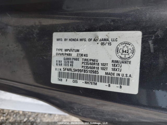 Honda Odyssey Touring 2015 5FNRL5H99FB510985 Image 9