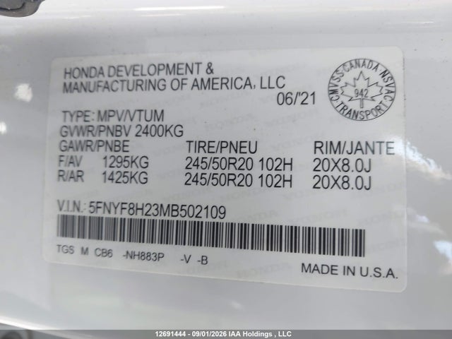 2021 Honda Passport Sport მანქანა იყიდება აუქციონზე, vin: 5FNYF8H23MB502109, აუქციონის ნომერი: 12691444