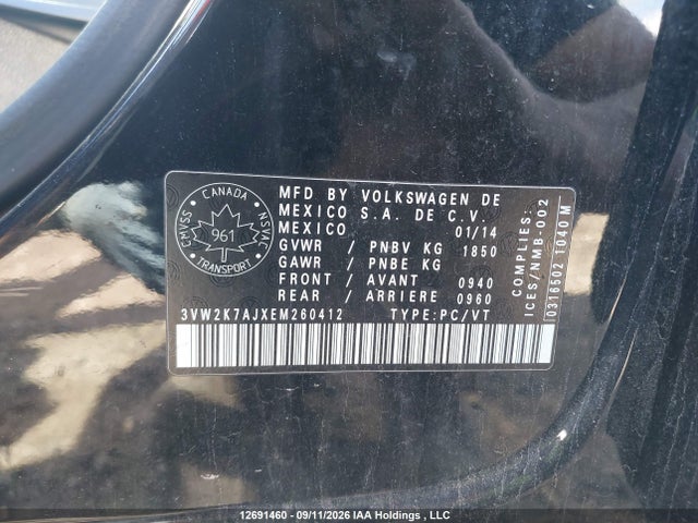 12691460 :رقم المزاد ، 3VW2K7AJXEM260412 vin ، 2014 Volkswagen Jetta مزاد بيع