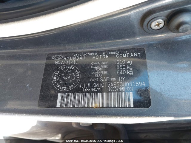 12691466 :رقم المزاد ، KMHCT5AE5CU031894 vin ، 2012 Hyundai Accent مزاد بيع