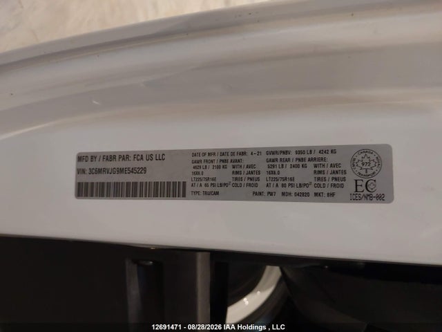 Продажа на аукционе авто 2021 Ram Promaster 3500 High Roof Extended 159 In. Wb, vin: 3C6MRVJG9ME545229, номер лота: 12691471