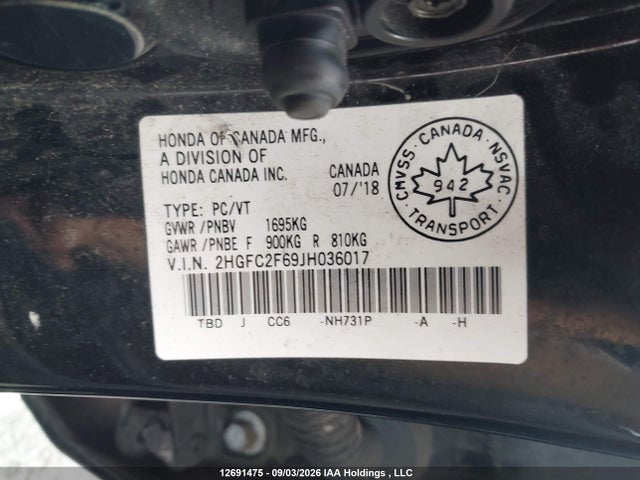 Aukcja sprzedaży 2018 Honda Civic Se, vin: 2HGFC2F69JH036017, numer aukcji: 12691475