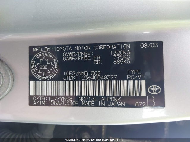 12691492 :رقم المزاد ، JTDKT123640048377 vin ، 2004 Toyota Echo مزاد بيع