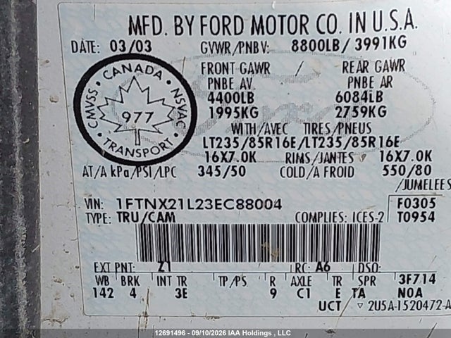 Продажа на аукционе авто 2003 Ford F250 Super Duty, vin: 1FTNX21L23EC88004, номер лота: 12691496