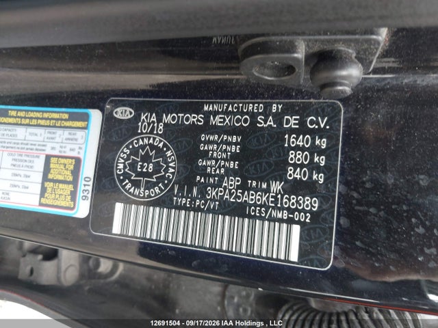 Aukcja sprzedaży 2019 Kia Rio 5-door, vin: 3KPA25AB6KE168389, numer aukcji: 12691504