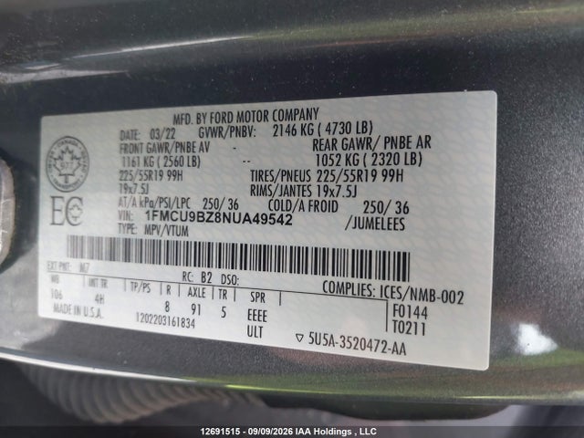 12691515 :رقم المزاد ، 1FMCU9BZ8NUA49542 vin ، 2022 Ford Escape Se Hybrid مزاد بيع