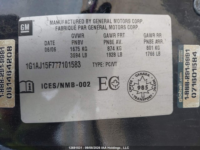 12691531 :رقم المزاد ، 1G1AJ15F777101583 vin ، 2007 Chevrolet Cobalt Ls مزاد بيع