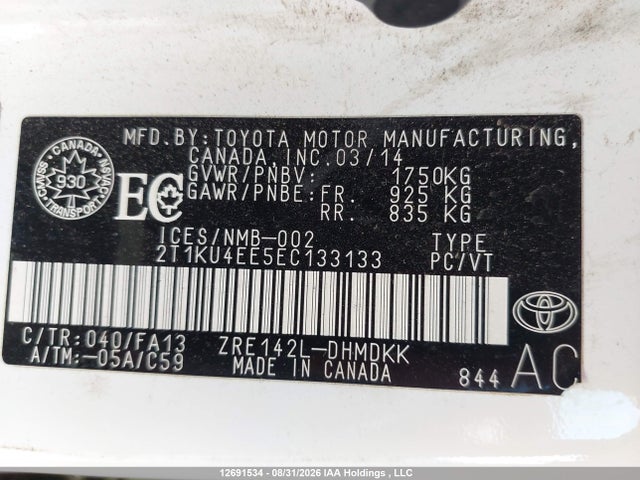 12691534 :رقم المزاد ، 2T1KU4EE5EC133133 vin ، 2014 Toyota Matrix مزاد بيع