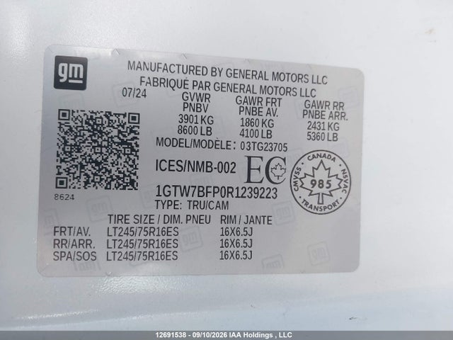 2024 Gmc Savana G2500 მანქანა იყიდება აუქციონზე, vin: 1GTW7BFP0R1239223, აუქციონის ნომერი: 12691538