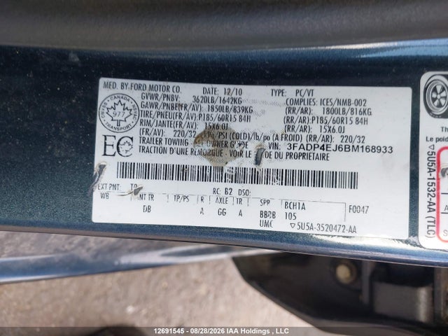 2011 Ford Fiesta Se მანქანა იყიდება აუქციონზე, vin: 3FADP4EJ6BM168933, აუქციონის ნომერი: 12691545