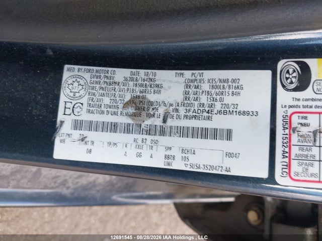 2011 Ford Fiesta Se მანქანა იყიდება აუქციონზე, vin: 3FADP4EJ6BM168933, აუქციონის ნომერი: 12691545