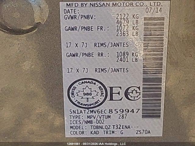 5N1AT2MV6EC859947 Nissan Rogue S/sl/sv