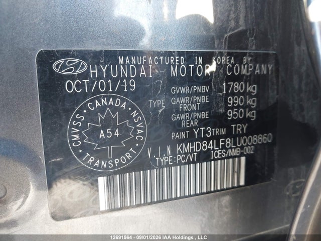 12691564 :رقم المزاد ، KMHD84LF8LU008860 vin ، 2020 Hyundai Elantra Preferred Auto Ivt مزاد بيع