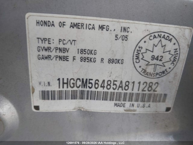 Aukcja sprzedaży 2005 Honda Accord Lx-g, vin: 1HGCM56485A811282, numer aukcji: 12691576