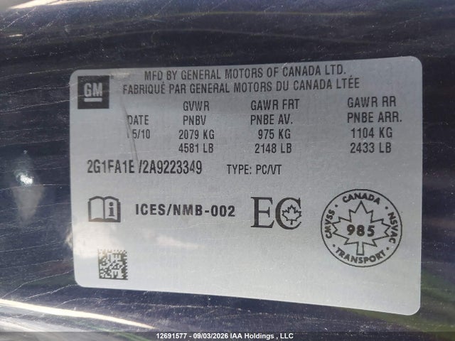 2010 Chevrolet Camaro Ls მანქანა იყიდება აუქციონზე, vin: 2G1FA1EV2A9223349, აუქციონის ნომერი: 12691577